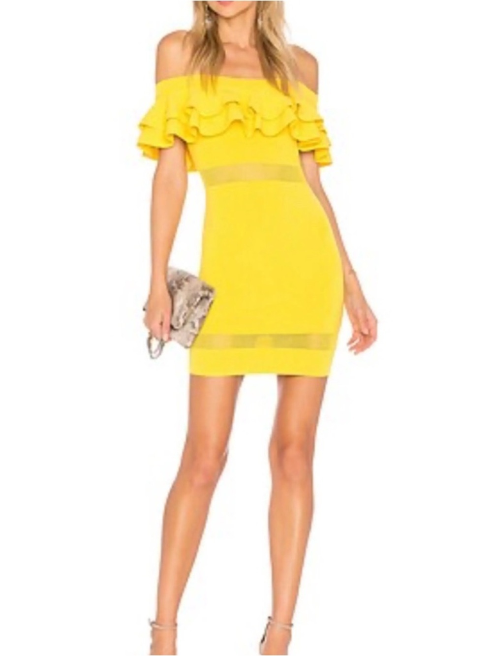 By the Way Revolve Yellow Ruggle Off the Shoulder Bodycon Mini Dress Sz. XS